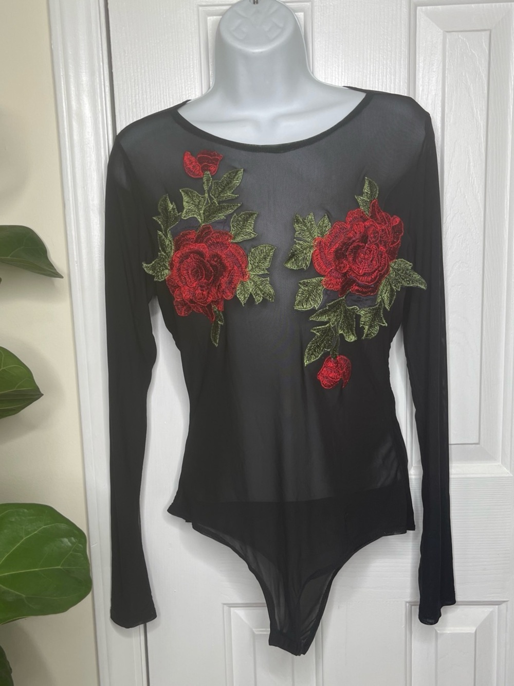 Black Mesh Sheer Long Sleeve Bodysuit with Rose Applique